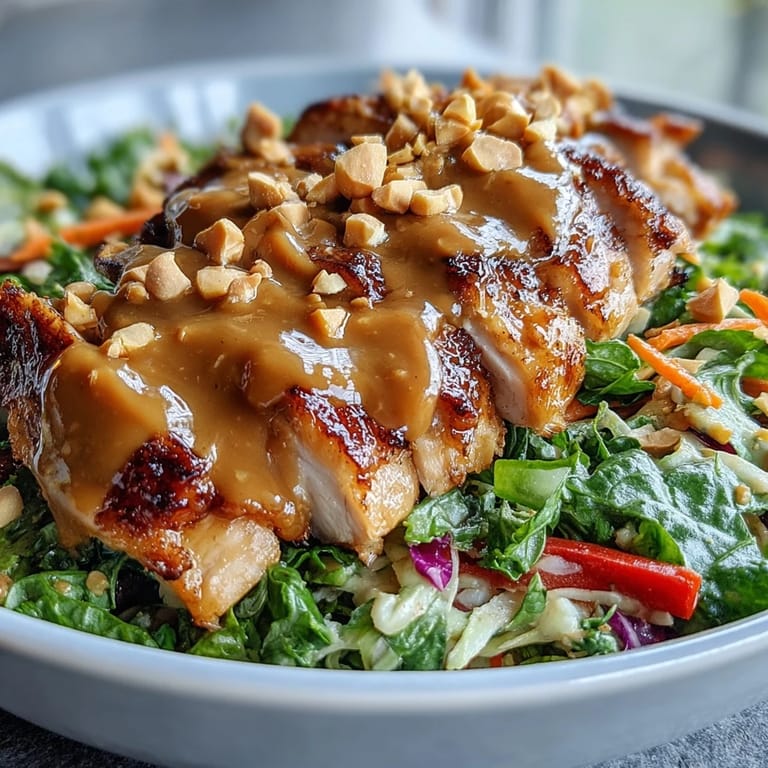 Colorful fresh vegetables and sliced chicken breast are arranged in a bowl with quinoa, ready to be tossed with a nutty peanut-lime dressing.