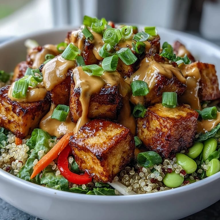 Close-up of golden-baked tofu cubes and fresh spring onions on a bed of quinoa, ready to serve for dinner.