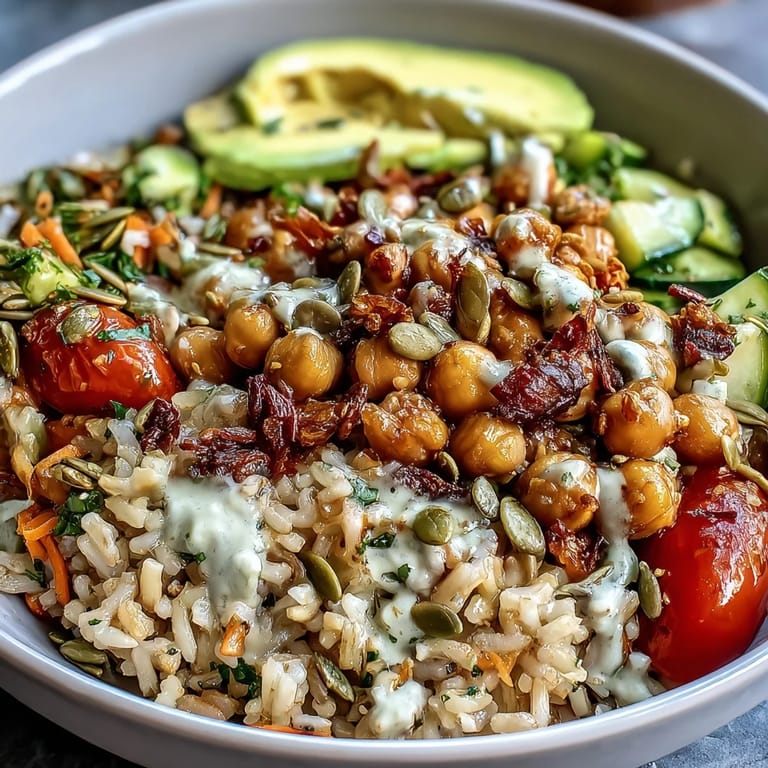 Healthy Simple Grain Bowl with farro, tofu, pumpkin seeds, fresh herbs, and zesty dressing nearby.