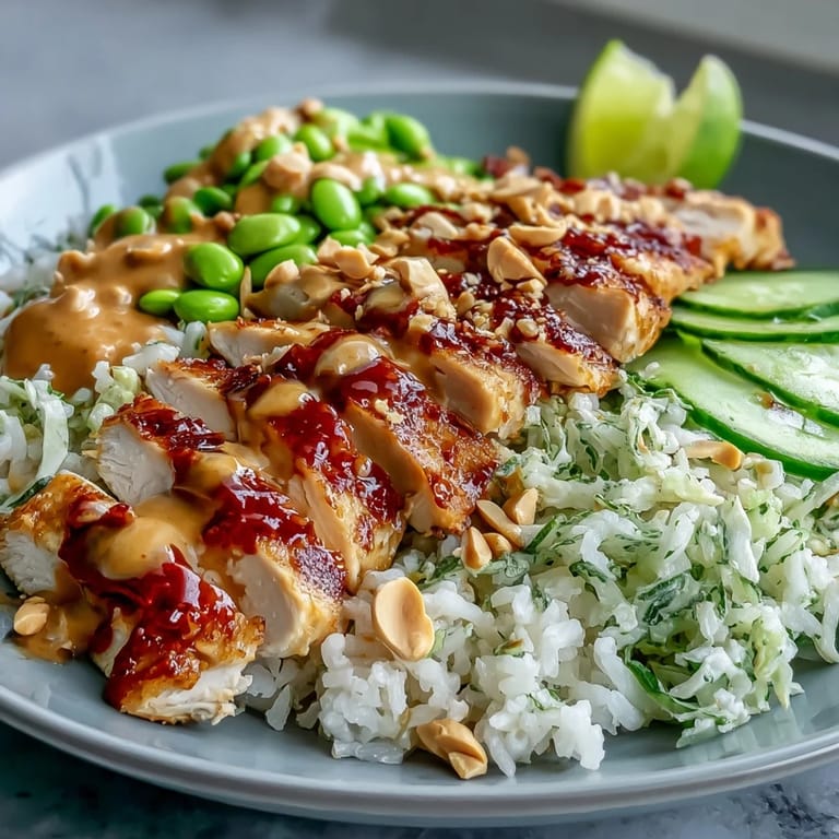 Plated Coconut Rice Peanut Bowl with lime wedges and cilantro, served alongside a small dish of extra peanut sauce.