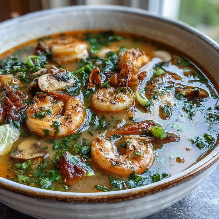 A spoon lifting tender shrimp and mushrooms from spicy Tom Yum Soup, with vibrant red tomatoes and aromatic herbs.