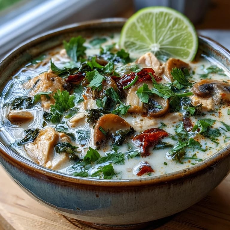 Steaming Tom Kha soup with chicken, mushrooms, and Thai aromatics in coconut broth.