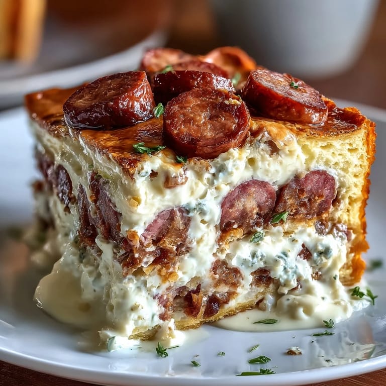 Rich Easter ricotta pie filled with creamy cheese, diced salami, and herbs, sliced to reveal hearty layers.