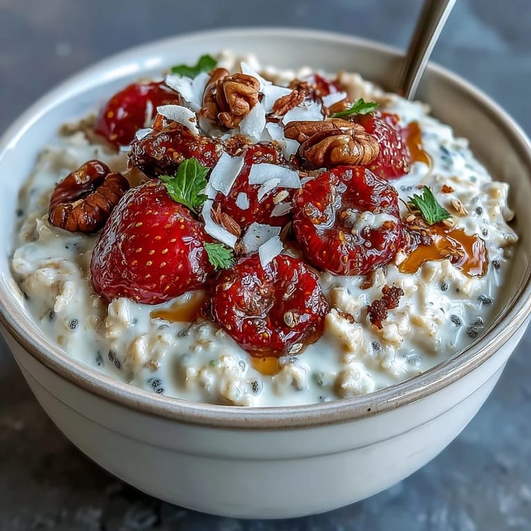 Delicious strawberry chia overnight oats, a high-fiber, vegetarian-friendly breakfast with creamy texture and vibrant fruit.