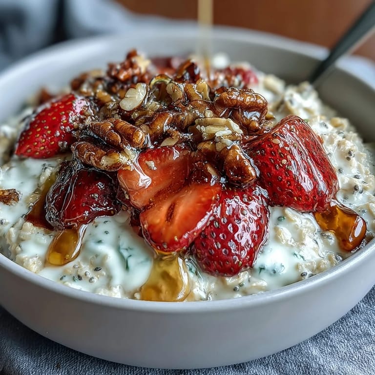 Creamy strawberry overnight oats layered with chia seeds and topped with golden granola, served in a clear glass for a visually appealing, nutritious start to the day.