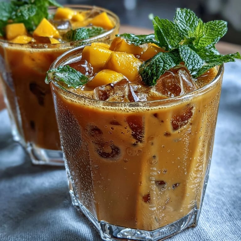 Refreshing Mango Peach Iced Tea with Mint: A cool, fruity iced tea infused with ripe mango and peach, garnished with fresh mint and citrus slices for a zesty, invigorating sip.