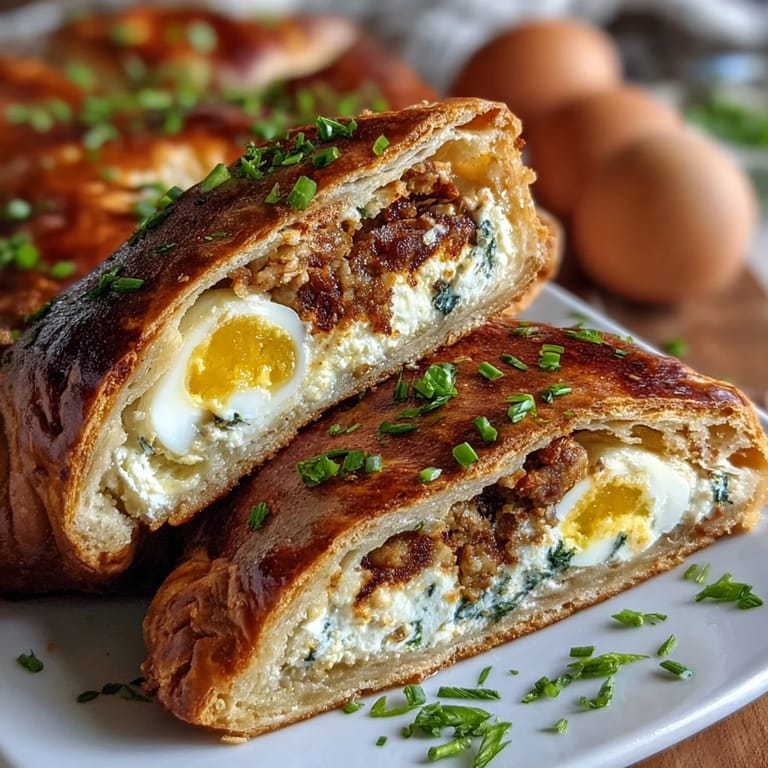 A cross-section of savory Easter pie reveals whole hard-boiled eggs nestled in ham and ricotta filling, perfect for spring brunch.