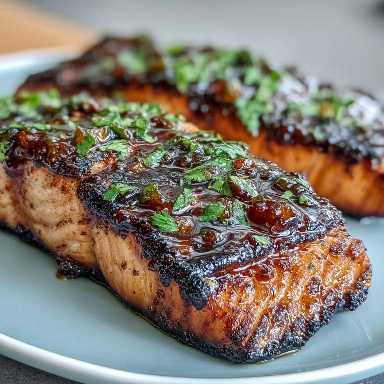 Juicy grilled salmon served with colorful strawberry salsa, garnished with fresh herbs and lemon wedges.