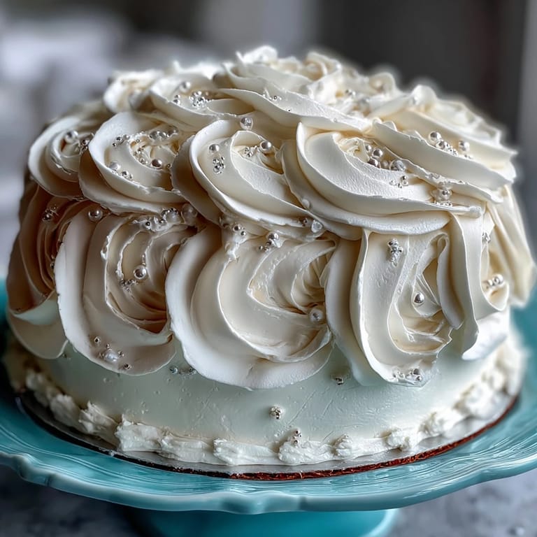 Two-tiered vanilla sponge cake adorned with delicate white roses and a shimmering cross, ideal for First Communion