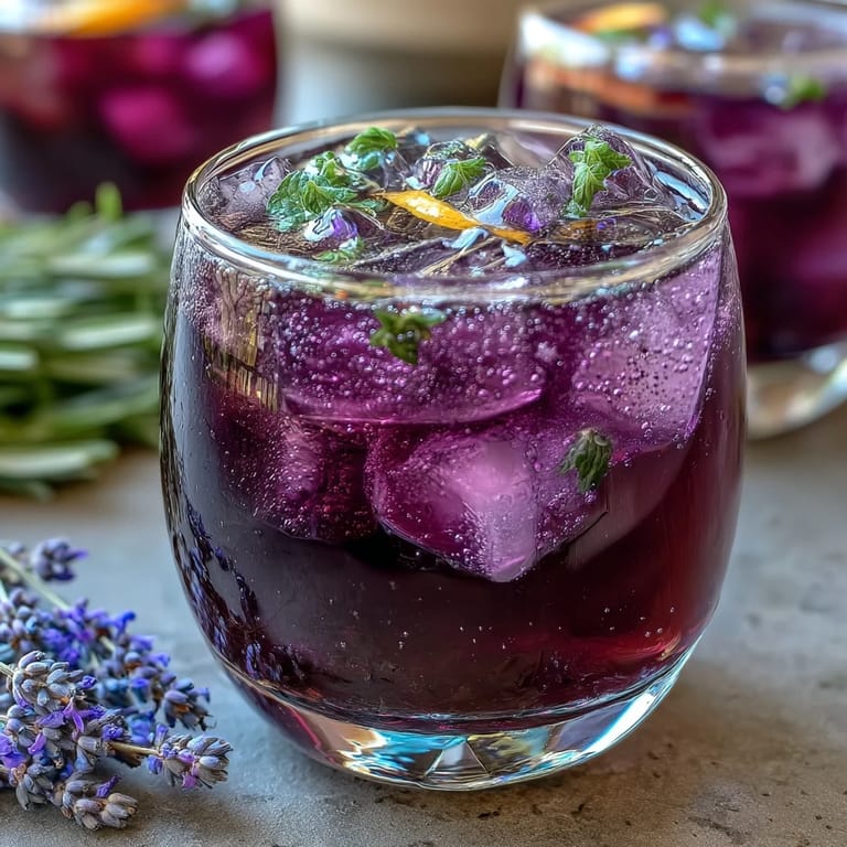 Refreshing lavender lemonade with vibrant mint, served in a clear glass filled with ice and a lemon slice on the rim.