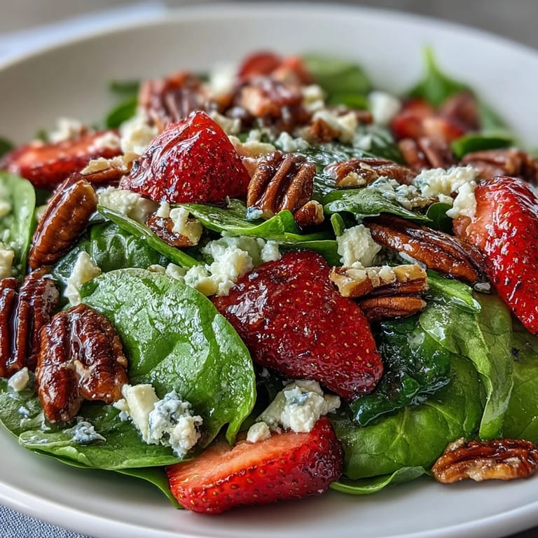 Refreshing Easter side dish: baby spinach topped with ripe strawberries, red onion, and candied pecans, drizzled with honey-Dijon balsamic vinaigrette.
