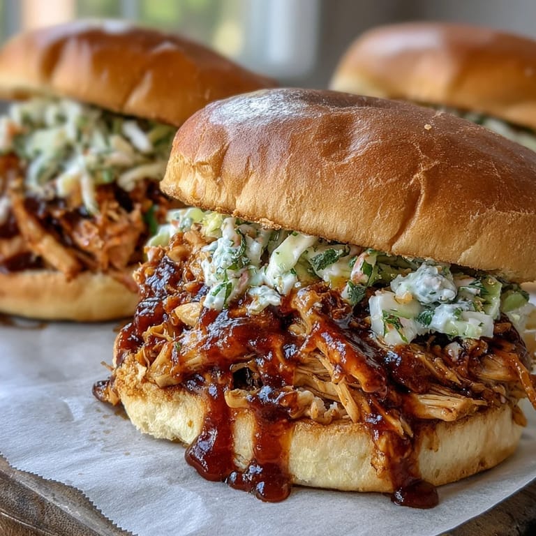 Slow-cooked pulled BBQ chicken piled high with coleslaw on toasted brioche buns.