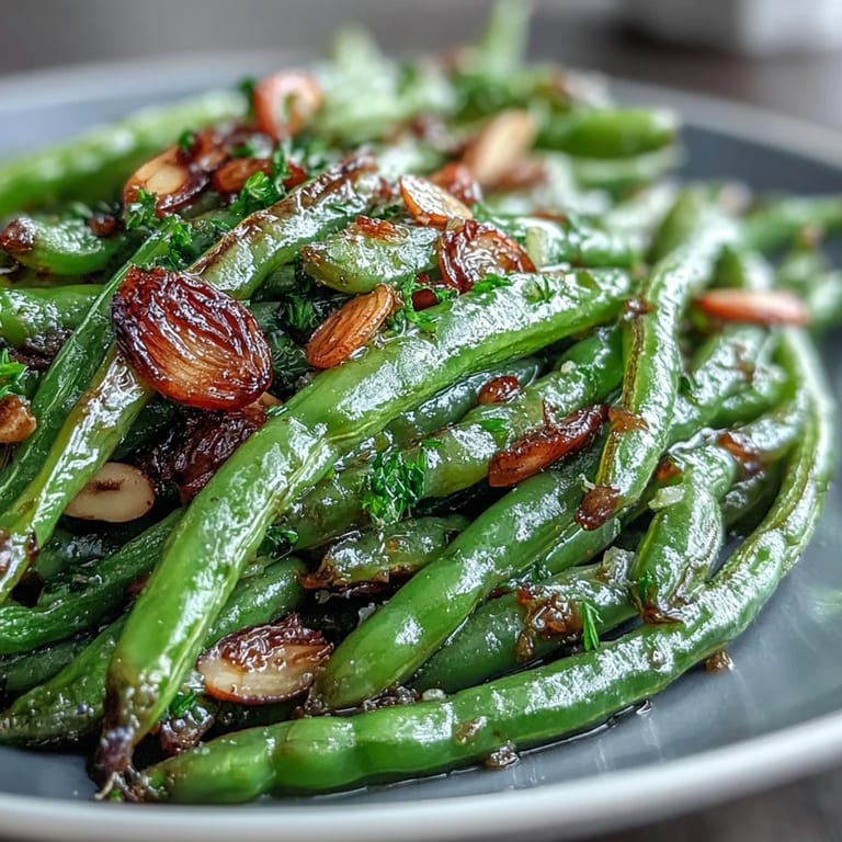 Tender green beans roasted with golden garlic and a hint of lemon, creating a bright and flavorful vegetable side.