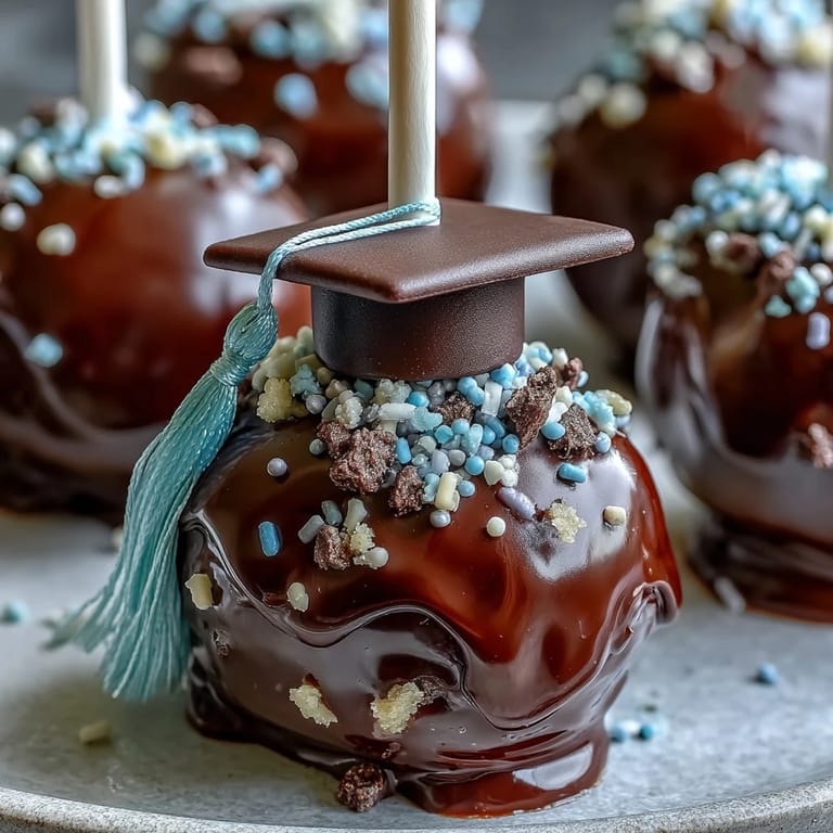 Festive cake pops dipped in chocolate and customized with fondant graduation caps, ideal for graduation parties and dessert tables.