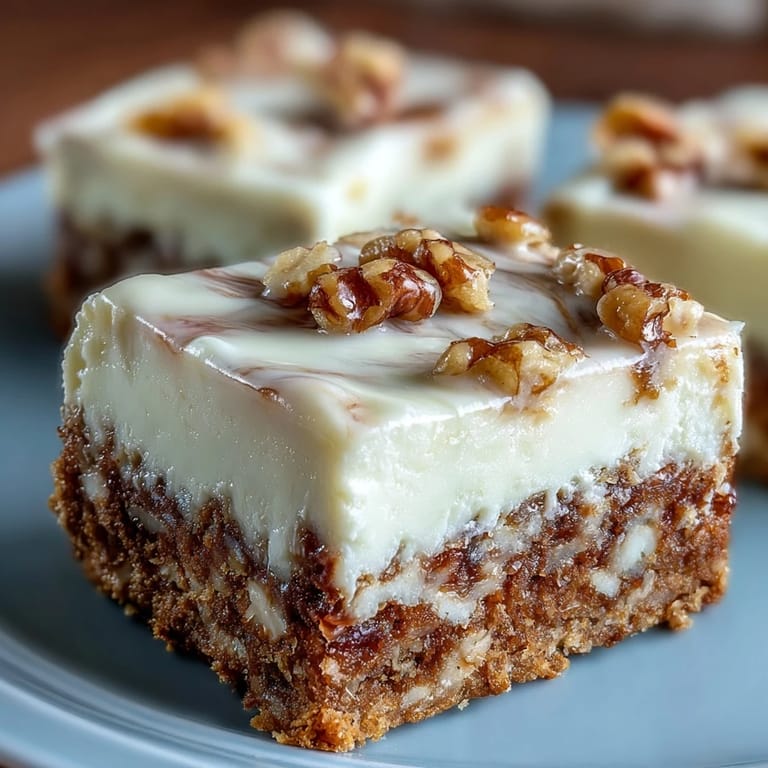 Irresistible carrot cake cheesecake bars with a marbled swirl, garnished with chopped pecans and cinnamon.