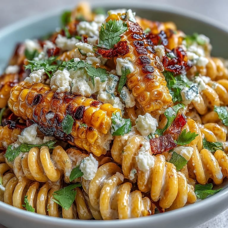 Creamy Mexican-inspired elote pasta with fresh cilantro, red bell pepper, and tangy Cotija cheese crumbles.