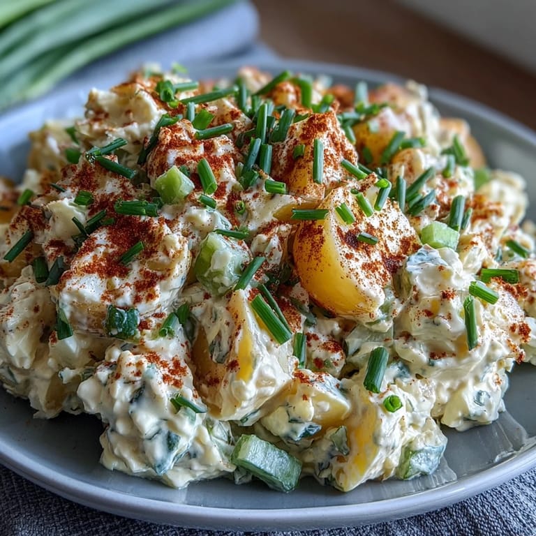 Classic Deviled Egg Potato Salad features perfectly cooked potatoes, chopped hard-boiled eggs, and a zesty mustard-mayo dressing in a bowl.