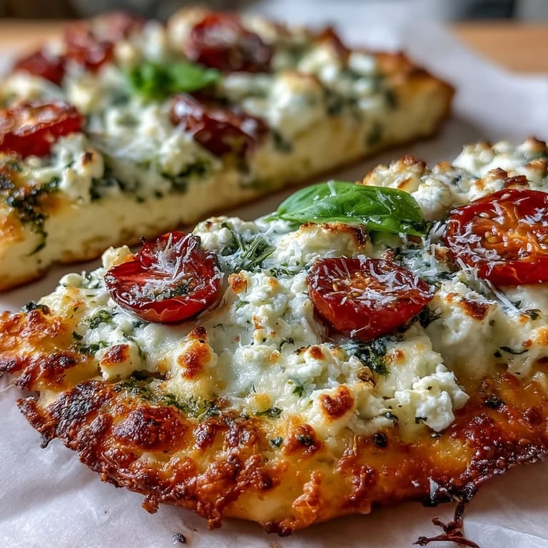 Freshly topped viral cottage cheese flatbread, showcasing juicy tomatoes and fragrant basil.