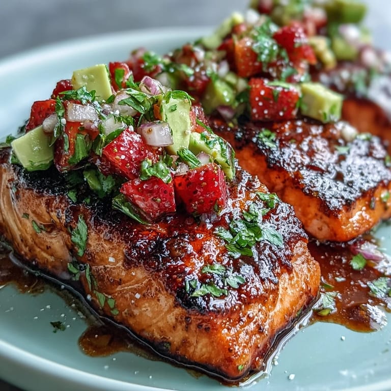 Freshly grilled salmon fillets crowned with a bright strawberry avocado salsa, ideal for summer.