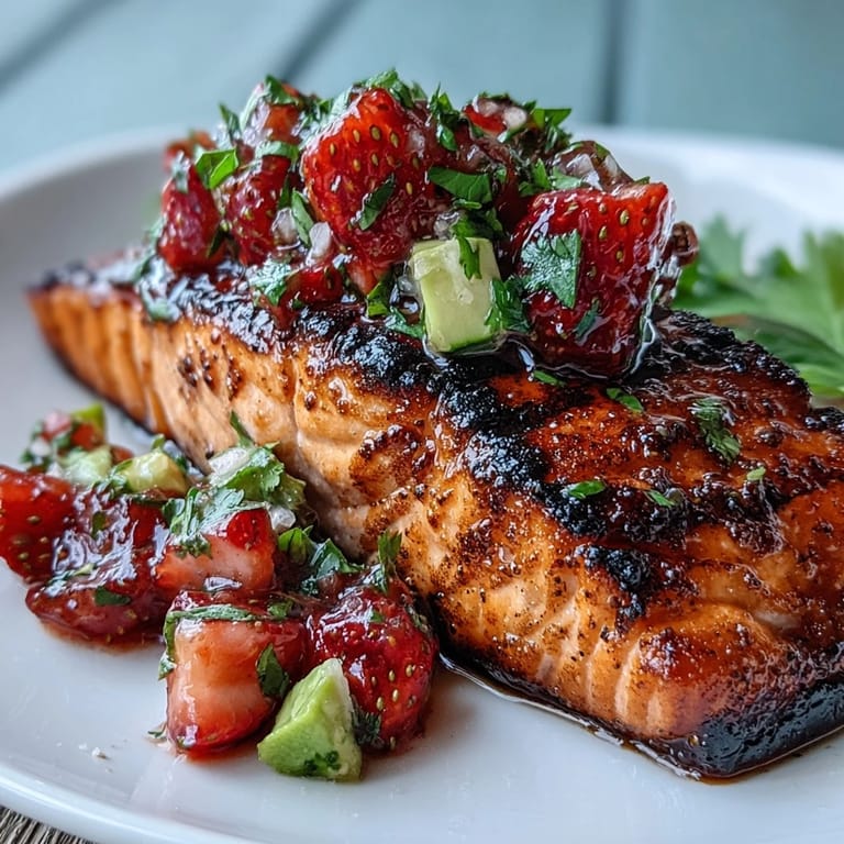 Beautifully seared salmon with a vibrant strawberry avocado salsa, a light and flavorful dinner.
