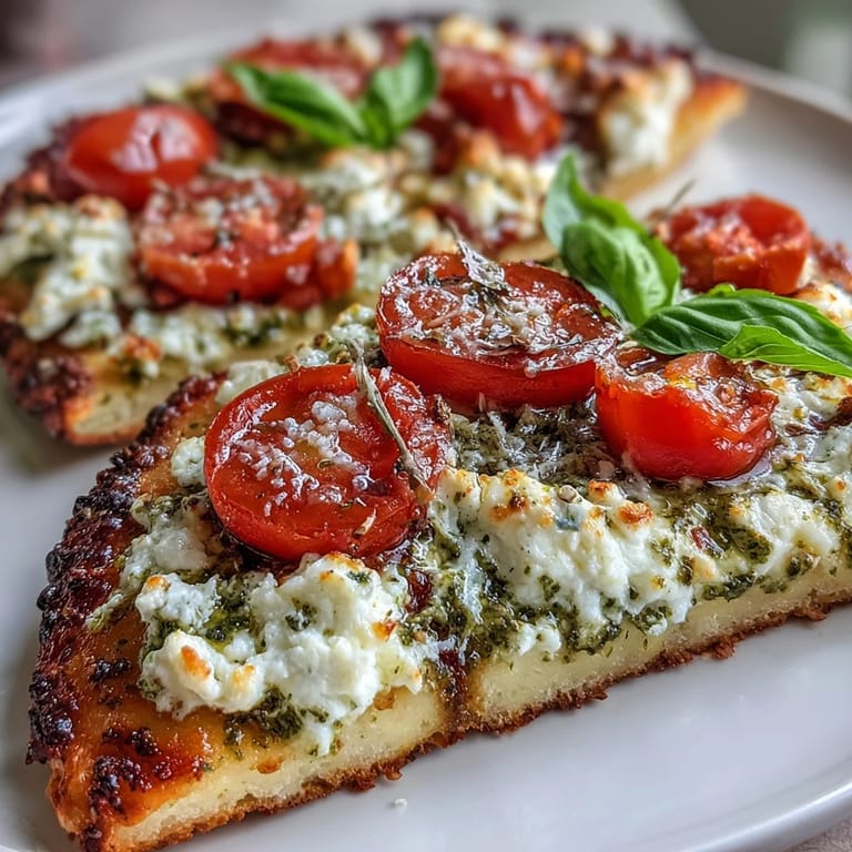 Golden baked viral cottage cheese flatbread, generously spread with pesto, bursting with flavor.