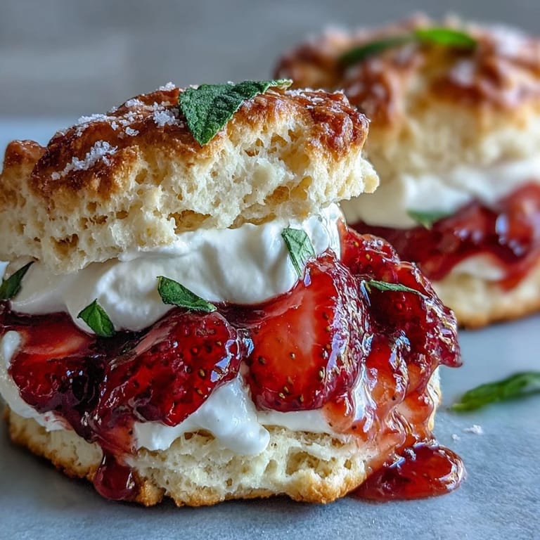 Fluffy Strawberry Basil Shortcake Biscuits topped with vibrant, juicy fruit filling.