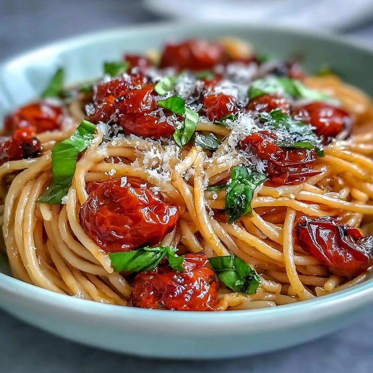 Warm cherry tomato confit pasta with fragrant garlic oil, a perfect Italian meal.