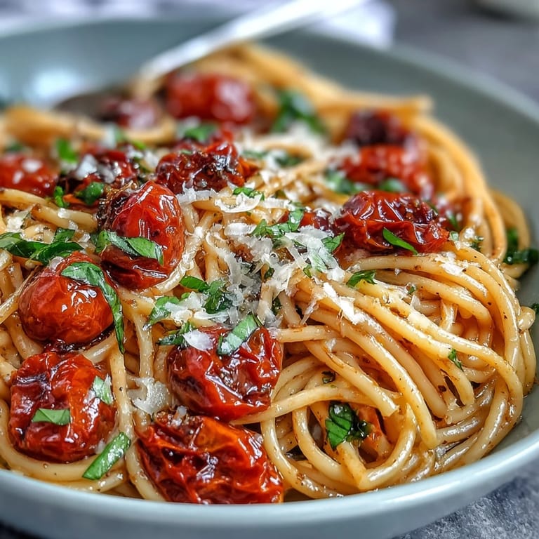 Vibrant cherry tomato confit pasta dish, glistening with rich garlic olive oil.