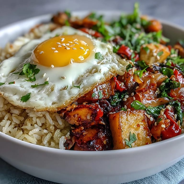 Vibrant kimchi fried rice bowl, promising spicy, savory Korean flavors and satisfying textures.