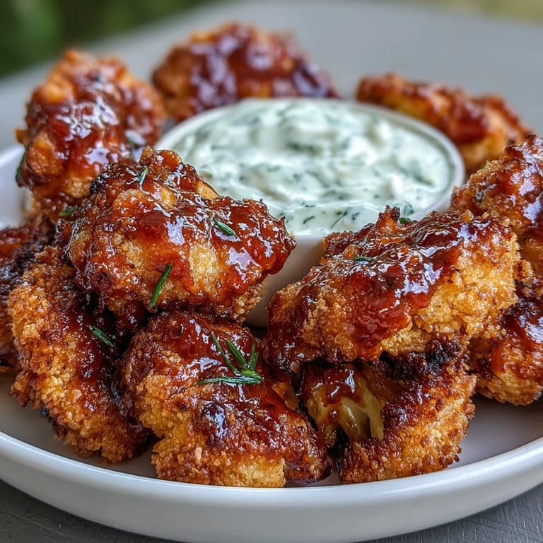 Smoky BBQ cauliflower wings, baked golden, ready to dip in ranch.