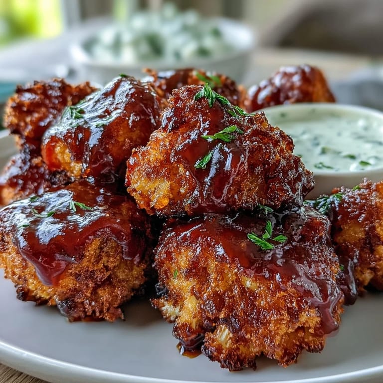 Tender, saucy vegan BBQ cauliflower wings served with cool ranch dressing.