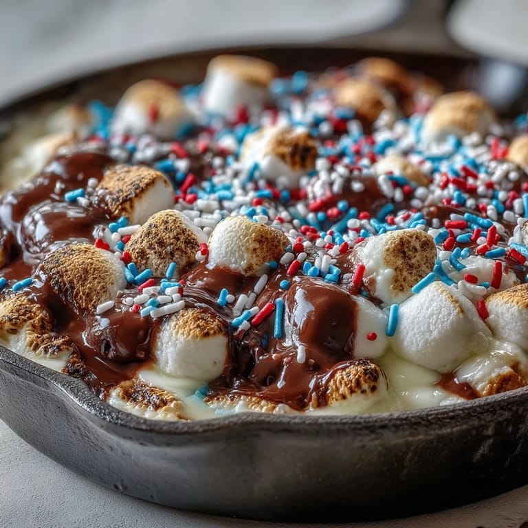 Melted chocolate topped with golden toasted marshmallows for the 4th of July S'mores Dip.