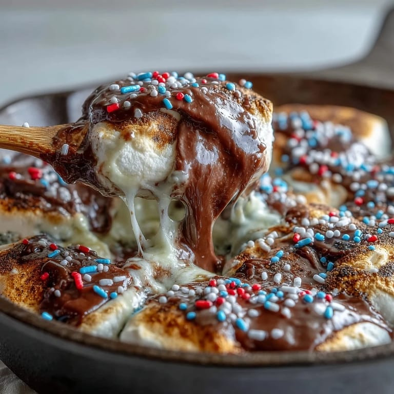 Warm, irresistible 4th of July S'mores Dip with graham crackers and toasty marshmallows.