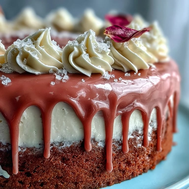 Delicate pink velvet cake with rosé wine, finished with luxurious gold drizzle.