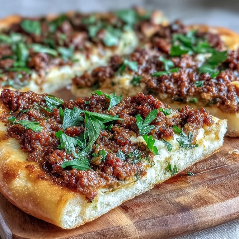 Thin and crispy Turkish Lahmacun Pizza showcasing seasoned ground lamb and fresh herbs.