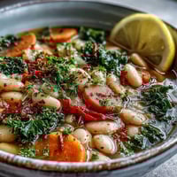 A hearty Mediterranean White Bean Stew with tender beans, kale, and carrots simmering in a fragrant olive oil broth.