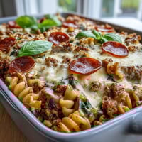 The baked High Protein Italian Beef and Pasta Bake is golden and bubbling in a 9x13 inch dish, topped with melted mozzarella and slices of turkey pepperoni.
