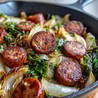 Sizzling smoked sausage and tender green cabbage cook down in a skillet with onions for a rustic Southern meal.