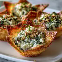 Golden-baked wonton cups filled with creamy Mediterranean Spinach and Feta Cheese Crisps, garnished with fresh parsley. 