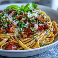 Italian Drunken Noodles feature spaghetti in a rich Chianti tomato sauce with spicy sausage, cherry tomatoes, and fresh basil leaves.