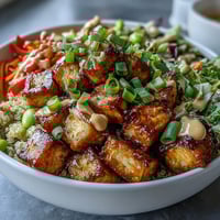 Crispy peanut tofu cubes and vibrant veggies over fluffy brown rice in this nourishing Peanut Tofu Power Bowl.