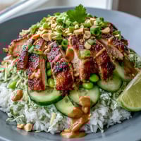 Fluffy coconut rice topped with grilled chicken slices, shredded carrots, and crisp red cabbage in a white bowl.
