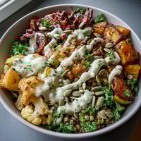 Vibrant Lentil Power Bowl with roasted vegetables and creamy tahini dressing, perfect for a nourishing plant-based meal.