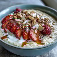 Creamy overnight oats with strawberry and chia, layered with fresh berries and topped with crunchy nuts.  