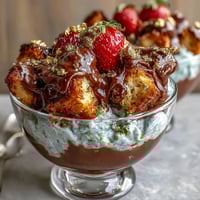 Elegant Dubai chocolate strawberry cups with kataifi and pistachio cream, topped with fresh strawberries and edible gold leaf.