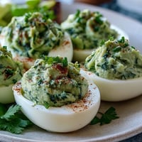 Creamy green avocado deviled eggs with fresh herbs, perfect for spring parties and healthy appetizers.