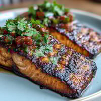 Grilled salmon fillet with bright strawberry salsa, fresh cilantro, and a hint of jalapeño.