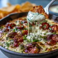 Creamy Cinco de Mayo queso dip loaded with spicy chorizo, fresh pico de gallo, and jalapeños, served warm with crunchy tortilla chips.