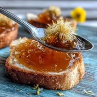 Bright, golden dandelion jelly with lemon and honey, perfect for spreading on warm toast or drizzling over yogurt.
