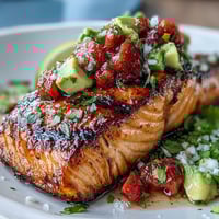 Juicy grilled salmon topped with colorful strawberry avocado salsa, perfect as a healthy main.